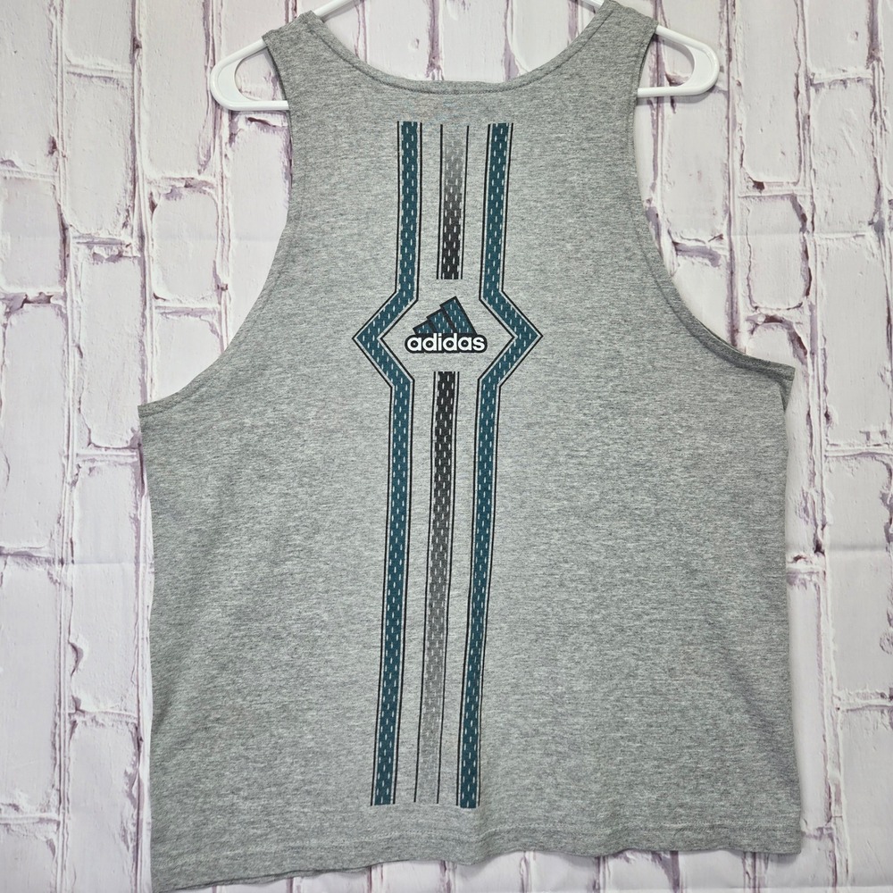 Vintage Adidas Tank Top Gray Graphic Logo Sleeveless Gym Shirt Men M Made In USA